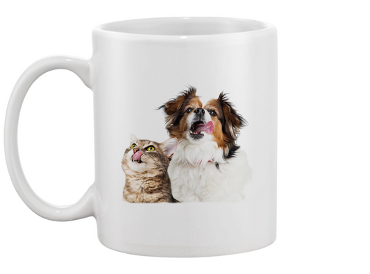 Hungry Dog And Cat Licking Lips Mug -Image by Shutterstock