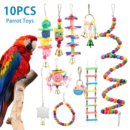 10PCS/Set Combination Parrot Toy  Bite Toy Bird Toys Parrot Funny Swing Ball Bell Standing Training Toys