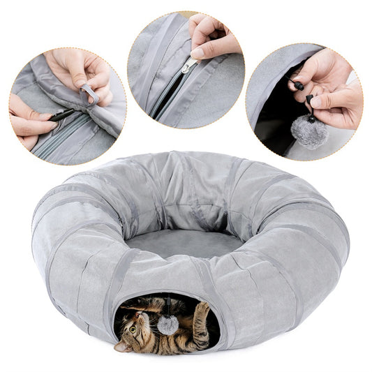 Kitty Large Cat Tunnel Toys Cat Pop Up Bed Collapsible Cat Rabbit Round Tunnel with Central Mat Cushion Tubes