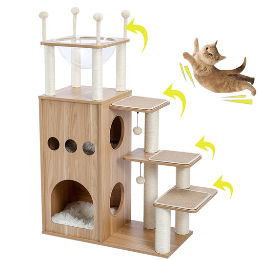 Domestic Delivery Pet Cats Tree Condo Sisal Scratching Posts for Cats Kitten Multi-Level Tower Toys Wood Cat Tree House for Cats