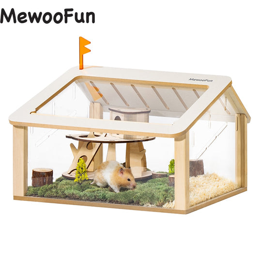 MEWOOFUN Wooden Hamster Cage Small Animal Cage Acrylic Hamster Cage with House Pet Bed Pets Supplier