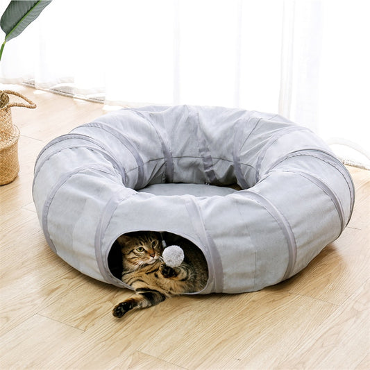 Pet Cat Tunnel with Cushion Mat 3 Styles Kitten Round Play Tube with Window Peek Ball Collapsible Interactive Toy For Cat Rabbit